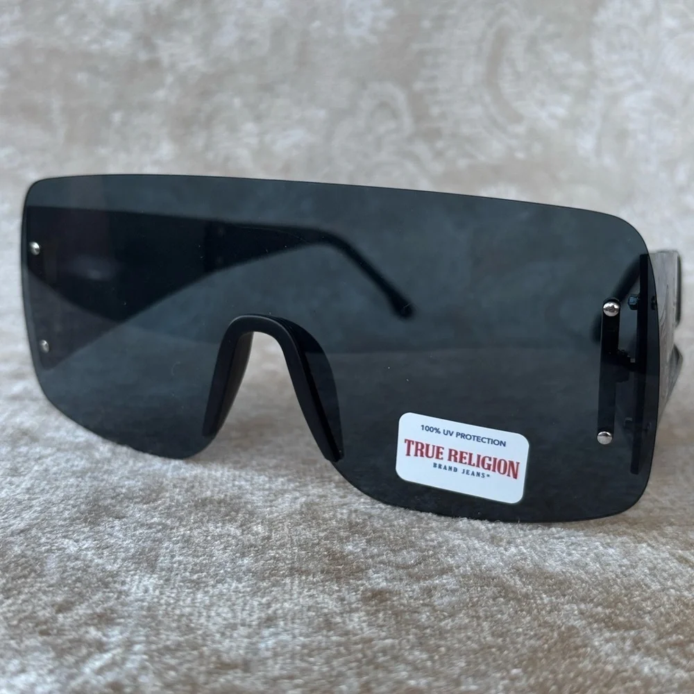 Brand New True Religion Black Rimless Shield Sunglasses Retro Wide Arm Horseshoe